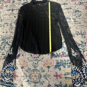 Free People Don't Blame Me Black Sheer Lace Sleeve Rib Top